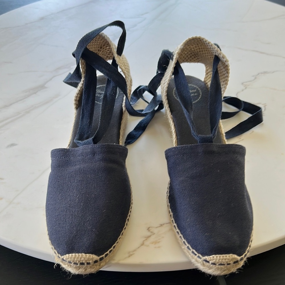 Toni Pons wedge espadrille ankle strap sandals size 40 blue canvas